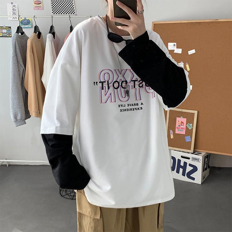 Autumn Long-sleeved T-shirt Fake Two Loose All-match Bottoming Shirt Casual Trend Pullover Suitable for Students and Couples