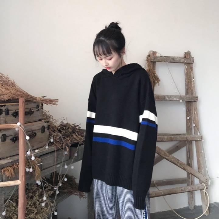 Pofulove Autumn Winter ins Hooded Sweater Schoolgirl Loose Harajuku bf Lazy Knit Pullover Top