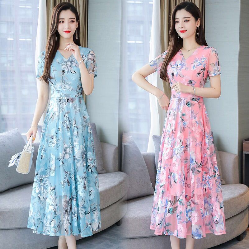 Chiffon Print Dress Summer V-neck Long Women's Thin Large Size Beach Skirt Large Skirt Elegant Temperament Dance Mid-length Skirt