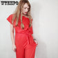 Women Solid Color Jumpsuit Summer Short Sleeve Casual One Piece Romper Lady Slim Long Overalls