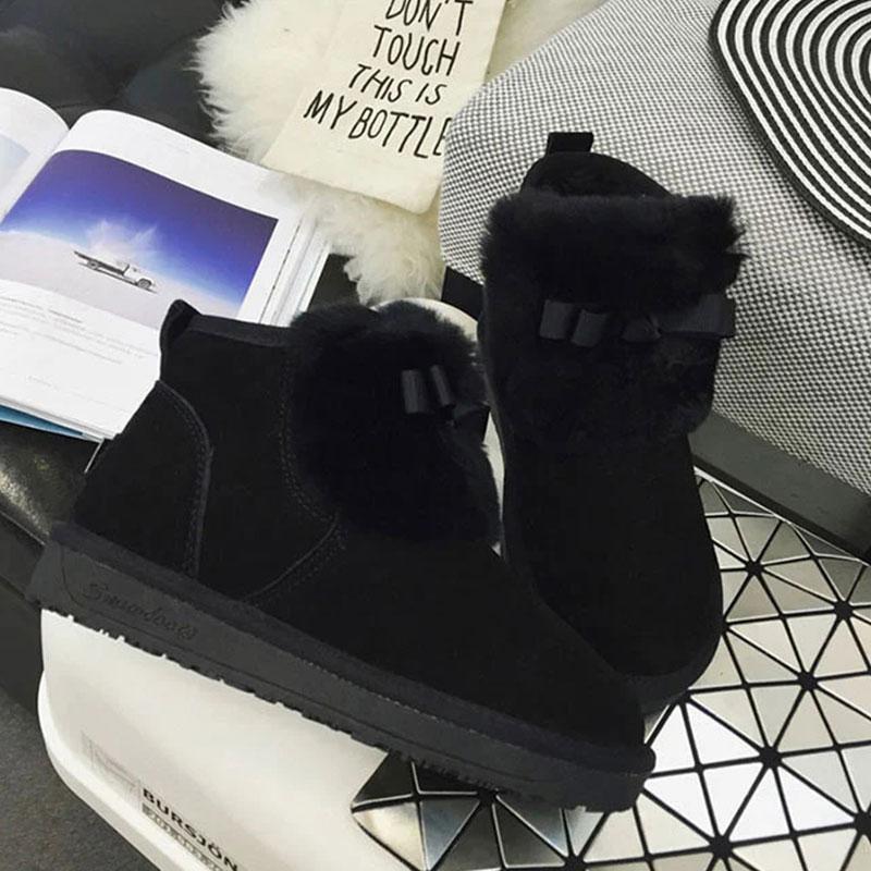 Women's Real Cowhide Short Boots Snow Boots Plus Velvet Padded Non-slip Boots Winter Rabbit Fur Warm Cotton Shoes Leather Boots for Women