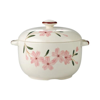 Chinese Style Underglaze Cherry Blossom Ceramic Soup Cup, Steamed Egg Pot, Water-proof Soup Pot with Lid