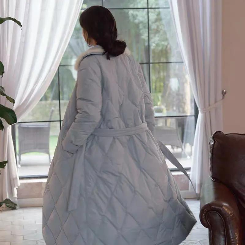 Imitation Mink Splicing Cotton Jacket Female Korean Version Loose Diamond Over The Knee Mid-length Belt Belt