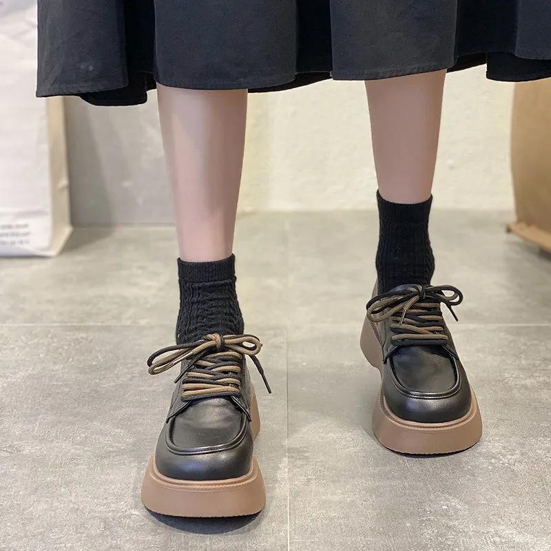 Ladies Small Leather Shoes British Style Spring College Style Jk Lace-up Thick-soled Shoes Girls Thick-bottomed Thick-heeled Loafers