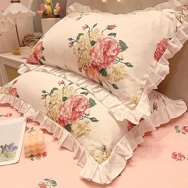 Princess Style Print Pillowcase Korean Style Fashion Lace Soft Pillow Core Cover A Pair of Cotton Pillowcases for Adults