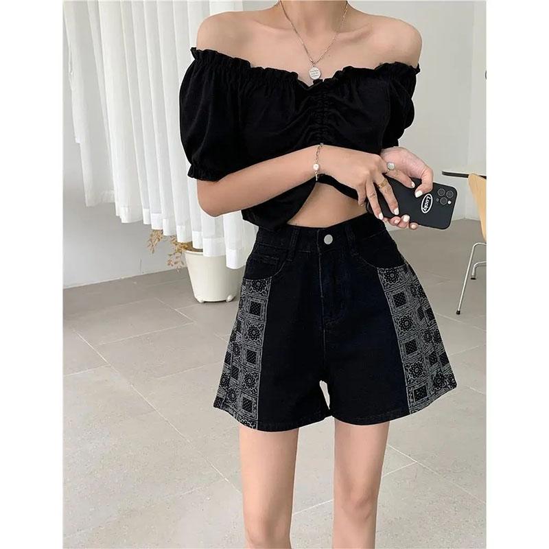 Women's Black Denim Shorts Summer Straight High-waisted Wide-leg Pants Plus Size Fat Girls Thin A-line Shorts