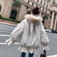 Winter Ruffled Thickened Women's Cotton-padded Jacket Mid-length Fur Collar Hooded Cute Rabbit Ears Cotton-padded Jacket Fashion Warmth Parka Coat
