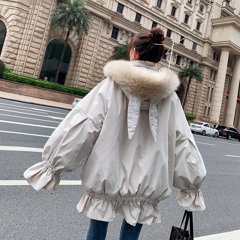 Winter Ruffled Thickened Women's Cotton-padded Jacket Mid-length Fur Collar Hooded Cute Rabbit Ears Cotton-padded Jacket Fashion Warmth Parka Coat