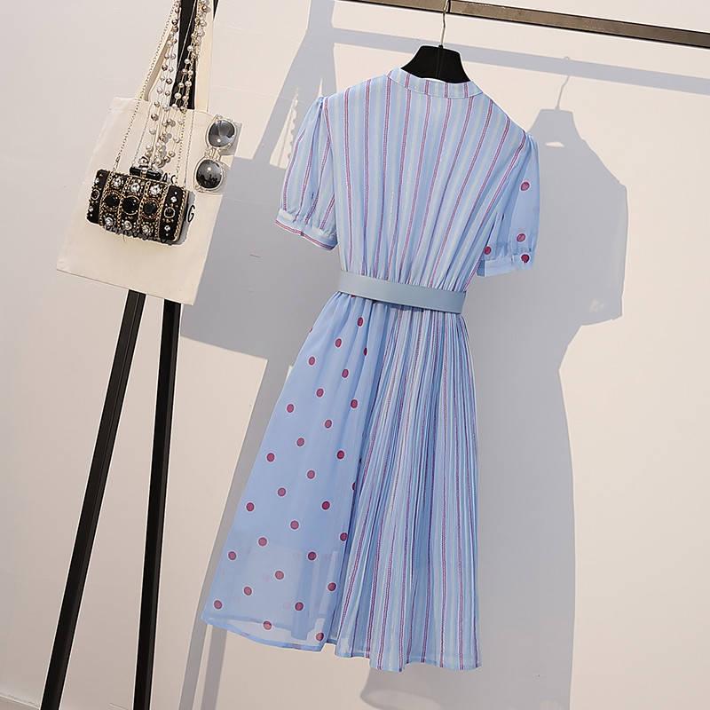 Pofulove Summer Plus Size Women's Slim Chiffon Skirt Party Evening Stripe Polka Dot Dress with Belt