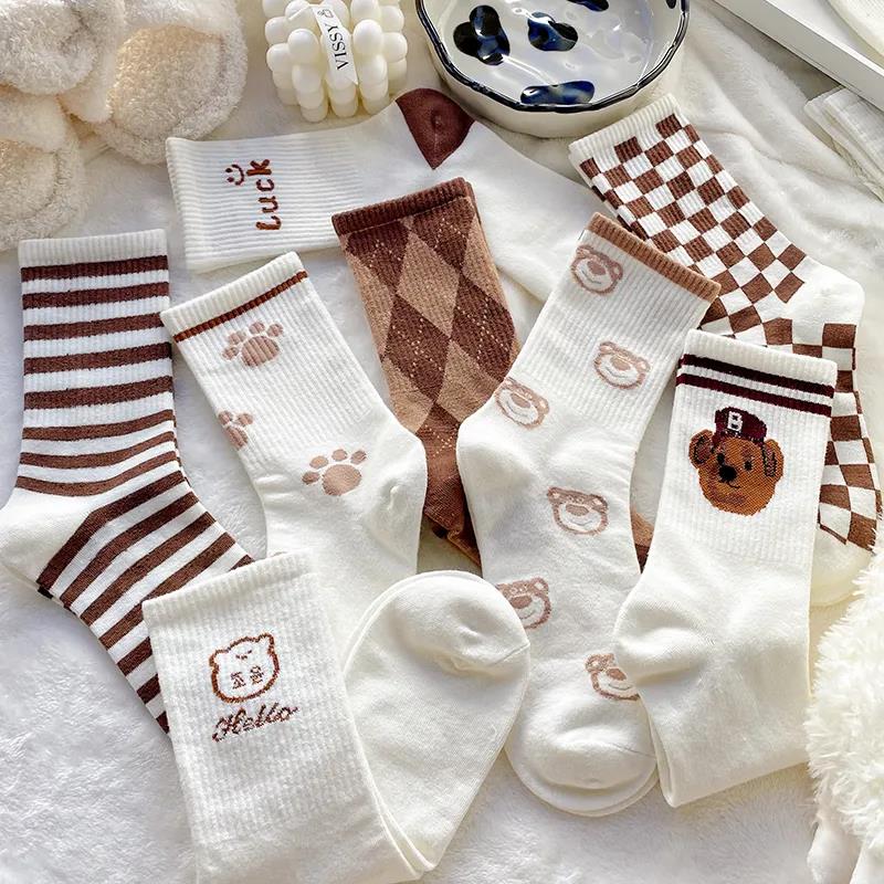 Women's Coffee Color Bear Socks Korean Version of The Middle Tube All-match College Style Sports Stockings Three Pairs
