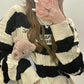 Retro Striped Loose Lazy Knit Sweater Long Sleeve Embroidered Hole Round Neck Pullover Sweater for Women