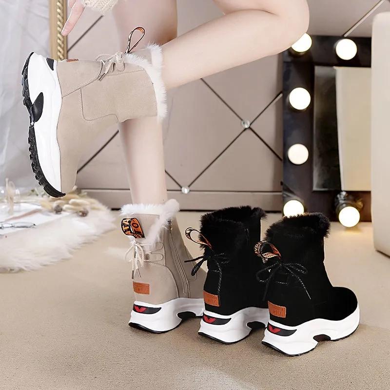 Inner Heightening Snow Boots Women Winter Cold-resistant Plus Cashmere Casual Short Boots Warm Thick-soled Cotton Shoes
