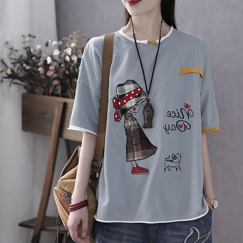 Pure Cotton Summer Printing Literary Short-sleeved T-shirt Ladies Loose Casual Comfortable Top Breathable