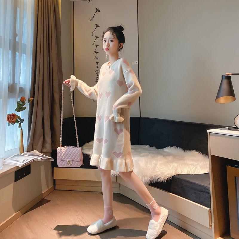 Autumn and Winter Loose Knit Dress Sweet Style Thick Mid-length Base Skirt Fashion Casual Women Sweater Dress