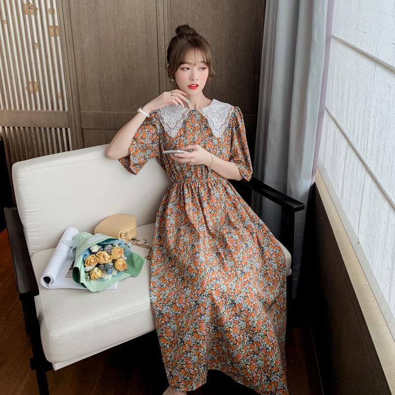 Ladies Chiffon Dress Summer Idyllic Floral Skirt Female Long Waist Waist Slimming Bottoming Dress Fabric Light and Breathable