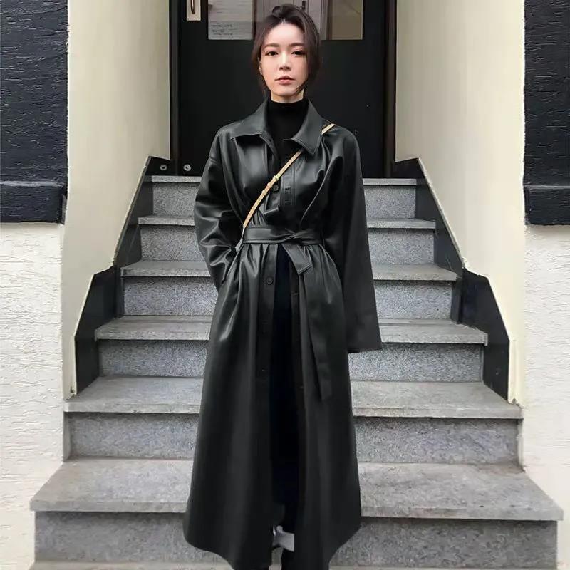 PU Leather Jacket Women Winter Korean Slim Slimming Leather Jacket Knee-length Loose Mid-length Leather Coat