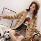 Women Vintage Printed Checked Sweater Cardigan with Pockets Outerwear Casual Thick Knitted Jacket Coat