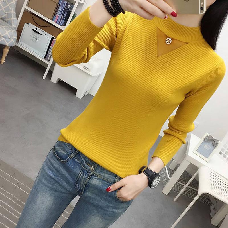 Pofulove Women Turtleneck Pullover Tops Slim Knit jumper Hollow Gauze Sweater Winter blue