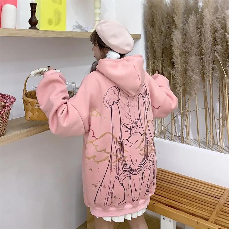 Japan Anime Printed Hoodies Women White Pink Fashion Oversized Streetwear Harajuku Sweatshirt Winter Fleece Pullover Tops Plus Size Loose Clothes