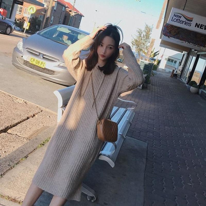 Autumn  Winter Thick Korean Mid-length Sweater Women Over The Knee Knit Sweater Dress Versatile Hooded Base Skirt