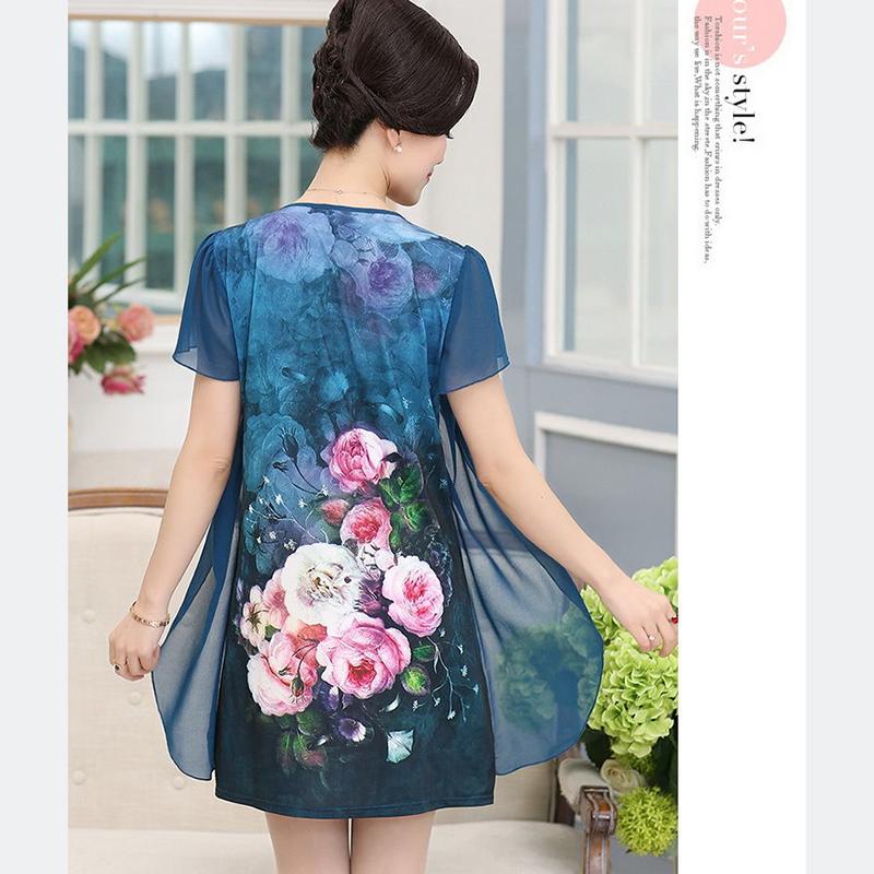 XL-XXXXXL Middle Aged Summer Printed Plus Size Skirt Mother's Dress Mid-length Imitation Silk Chiffon Yarn