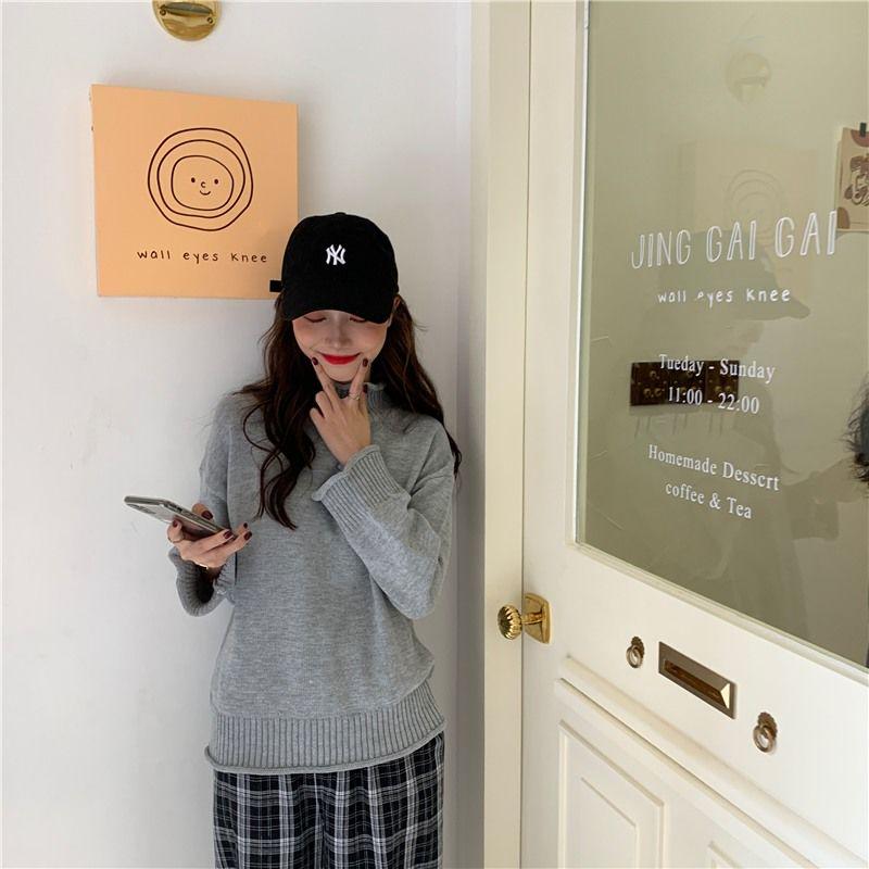 Autumn and Winter Casual Jacket Loose Solid Color Blouse Half High Neck Knitted Young Women Sweater