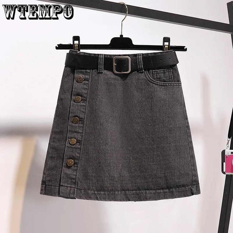 Denim Skirt with Belt Solid Color button High Waist Pocket Student Short Cowboy Skirt Knee Length A-line Skirts