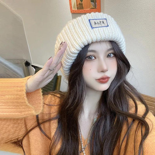 Women's Korean Fashion Pile Hat Winter Thickening Warmth Increase Woolen Hat Big Head Circumference Knitted Hat