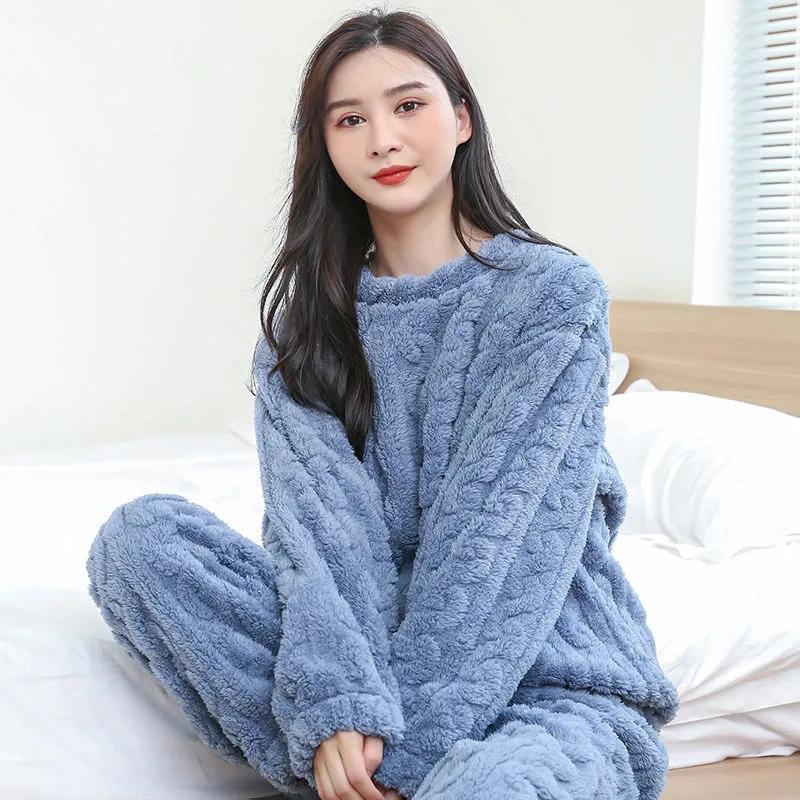 Women's Crochet Pajamas Set Plus Velvet Long Sleeves Flannel Coral Suit Home Wear Solid Color Loose Pajamas Pants Two-piece Set