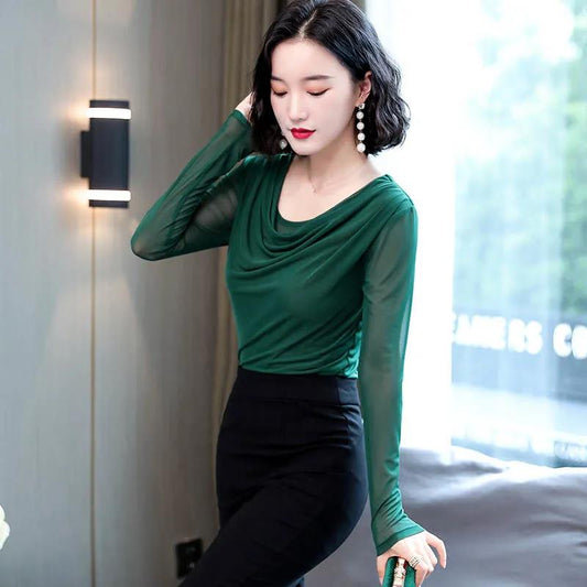 Spring Women's Mesh Bottoming Shirt Fashion Solid Color Tight Sweater Large Size Long Sleeve Bottoming Shirt
