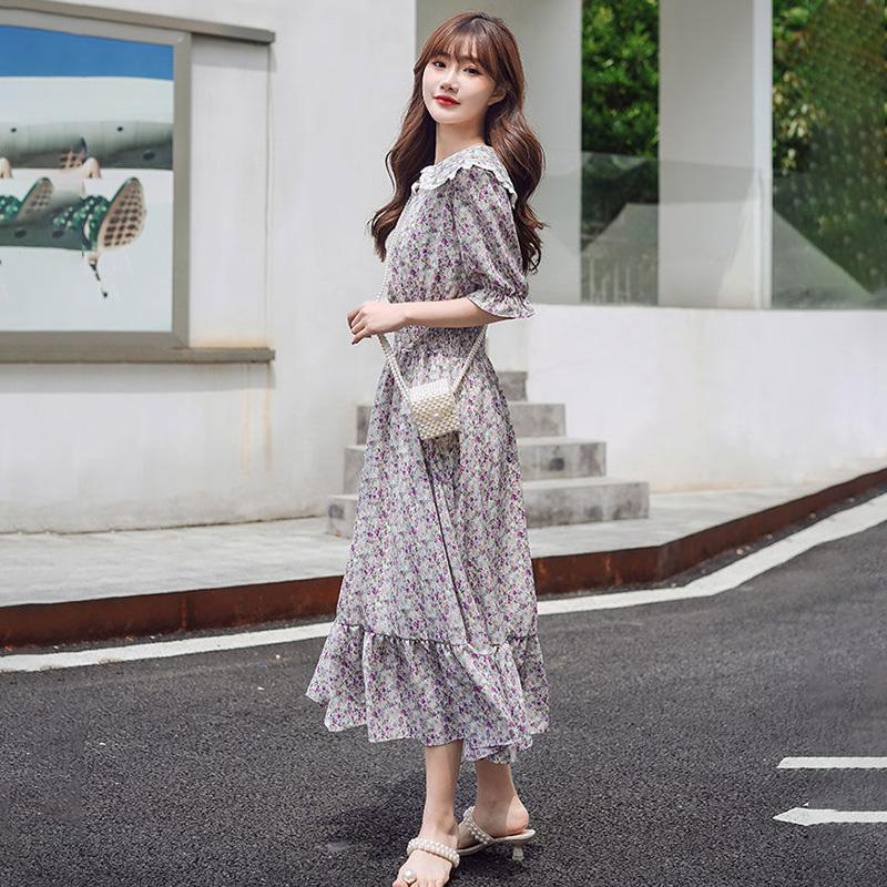 Women's Summer Dress with Waist and Thin French Retro Style Elegant and Sweet Chiffon Floral Mid-length Skirt Fabric Light and Breathable