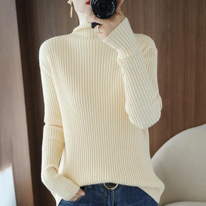Autumn and Winter Turtleneck Sweater Women's Slim Slim Bottoming Shirt Vertical Pattern Large Size Long-sleeved Sweater