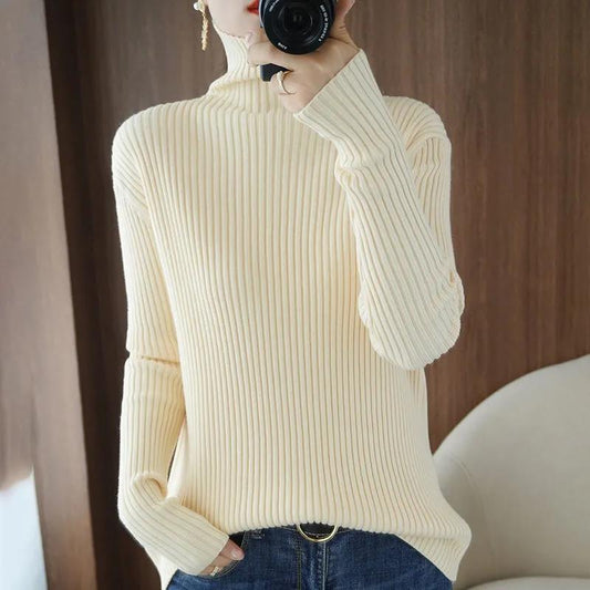 Autumn and Winter Turtleneck Sweater Women's Slim Slim Bottoming Shirt Vertical Pattern Large Size Long-sleeved Sweater