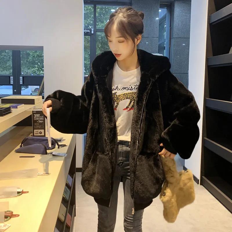 Autumn and Winter Imitation Rex Rabbit Fur Grass Loose Korean Fashion Mid-length Plush Coat Women Mid-length 2021 New Thick Hooded Jacket