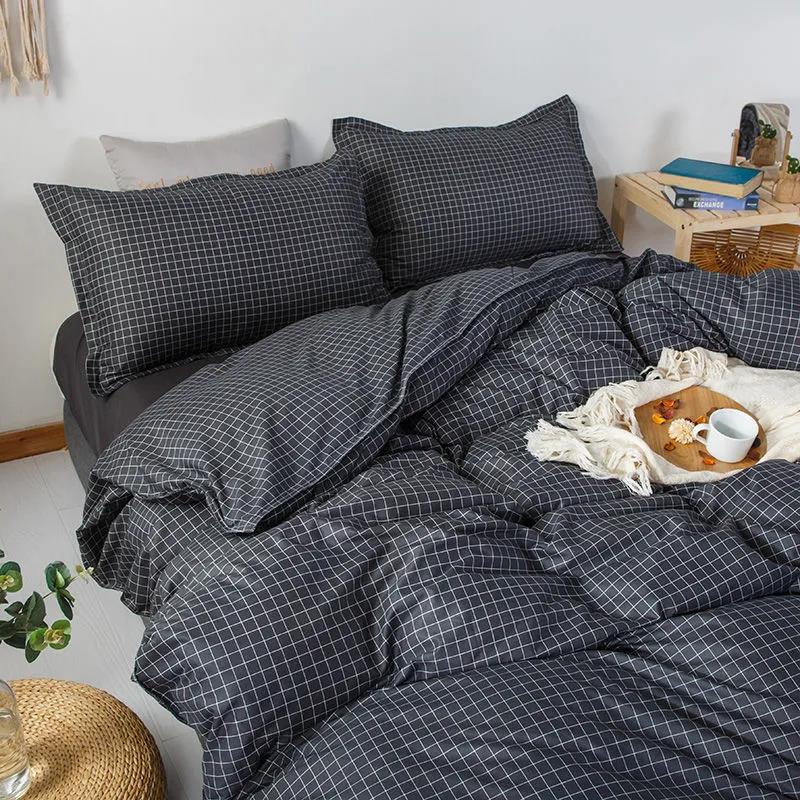 Simple Plaid Bedding Four-piece Bedroom Cotton Quilt Cover Sheets Thick Skin-friendly Bedding