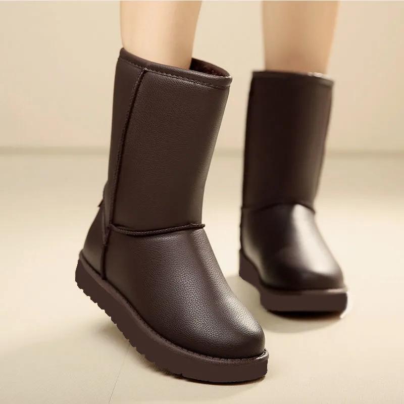 Snow Boots Women's Leather Mid-tube Korean Version Plus Velvet Non-slip Waterproof Women's Boots Cotton Shoes Winter Shoes