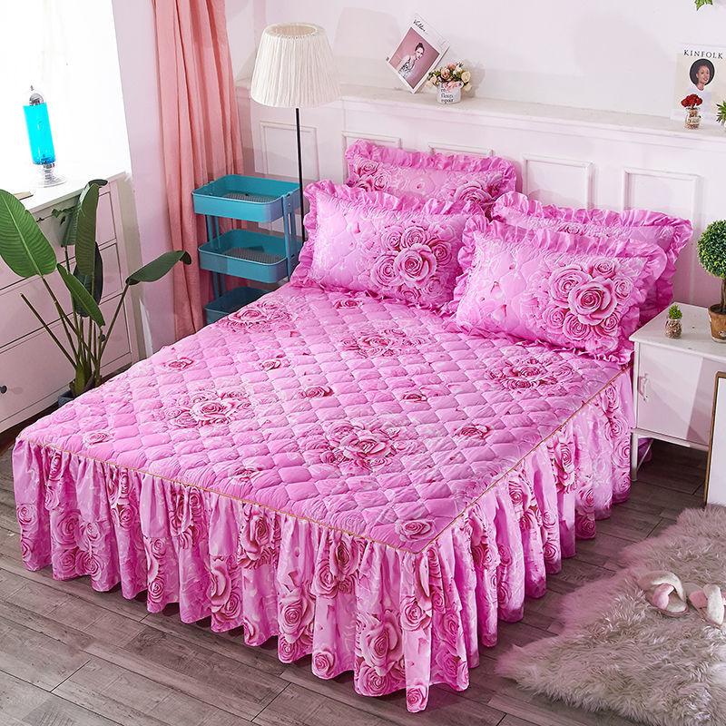 3pcs/set Thickened Queen-size Bed Skirt Cute Princess Wind Bedspread Non-slip Simmons Protective Cover