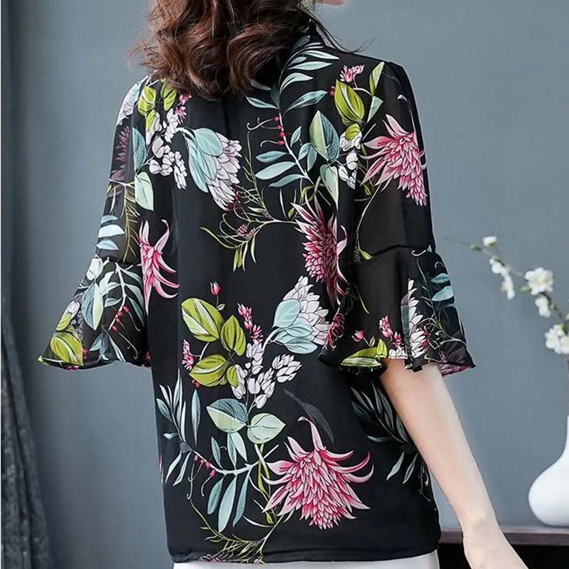Summer Chiffon Shirt Women's Loose Plus Size Printed Shirt Doll Collar Top