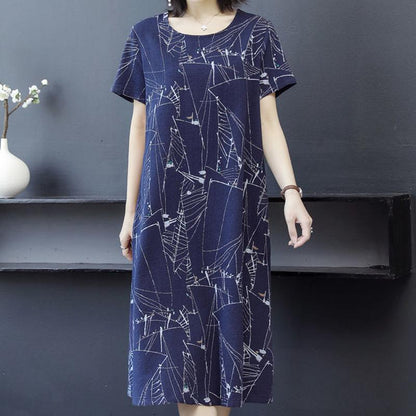 Women's Summer Plus Size Dress Loose Casual Mid-length Over-the-knee Round Neck Pocket Short-sleeved Printed Skirt