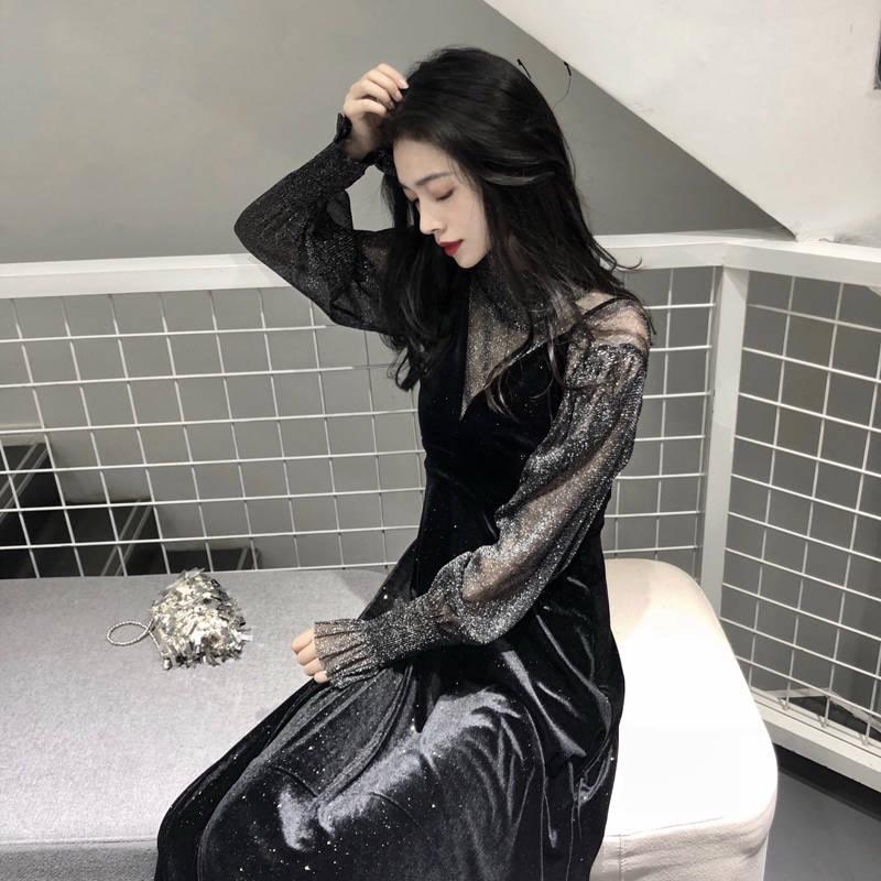 Sling Dress Two-piece Women's Korean Style Loose Mesh Gauze Stitching V-neck Long Sleeve Suit