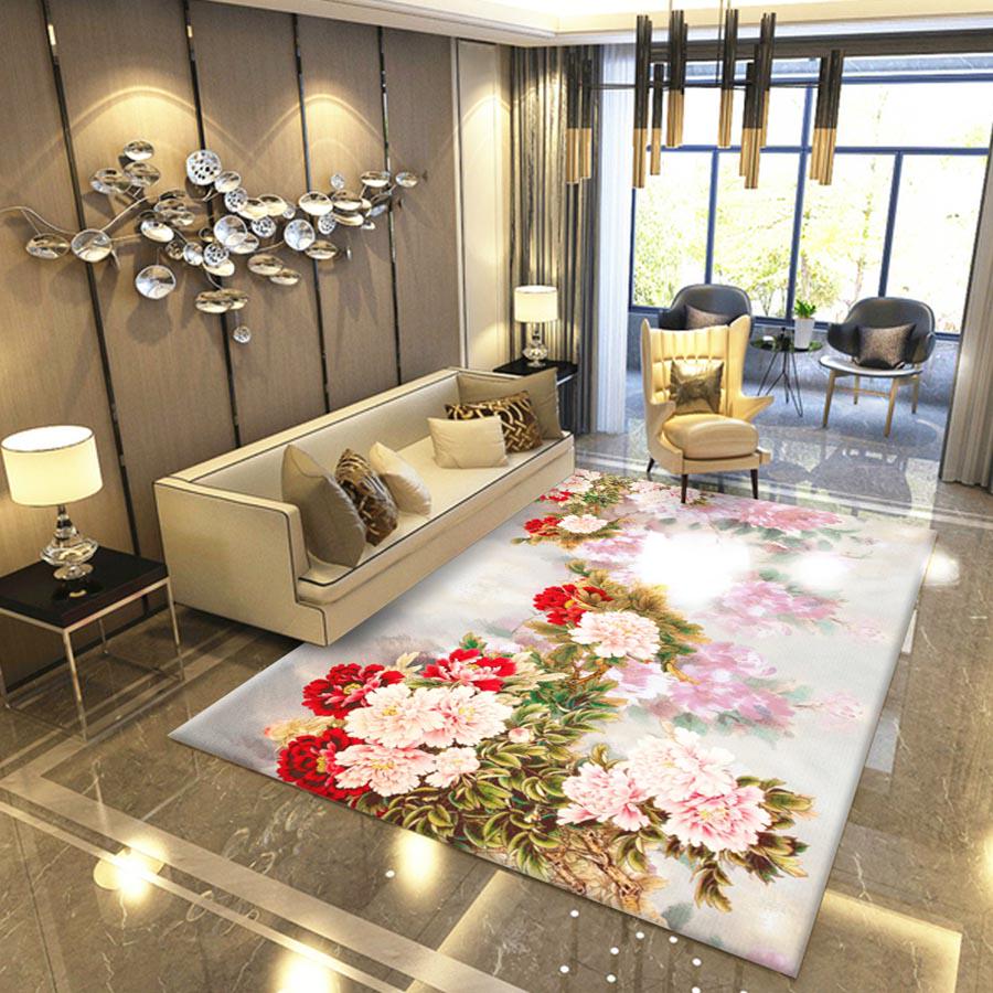 Traditional Chinese Style Flower 3D Living Room Carpet Bedroom Mat Rug Blanket Pad for Yoga Washable