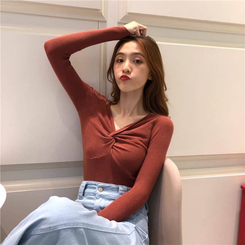 Pofulove Autumn Winter Knitted Jacket Female Cross V-neck Long-sleeved Bottom Shirt Pullover Tight