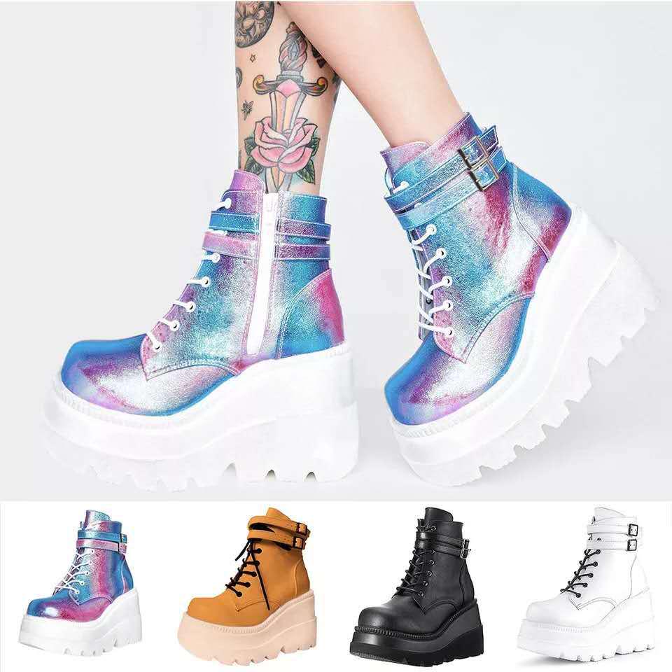 Women Autumn Winter Boots Block Heel Gothic Punk Platform Shoes High-top Casual Female Footwear