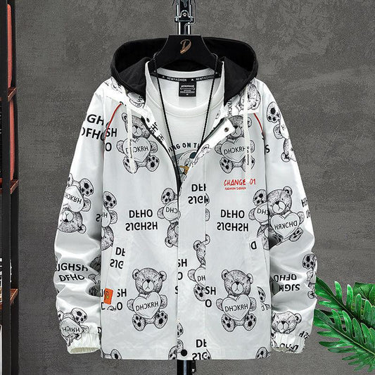 Heart Bear Print Jacket Spring Hooded Windbreaker Men Casual Loose Coat Soft Comfortable Top Regular