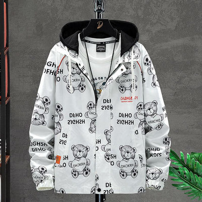 Heart Bear Print Jacket Spring Hooded Windbreaker Men Casual Loose Coat Soft Comfortable Top Regular