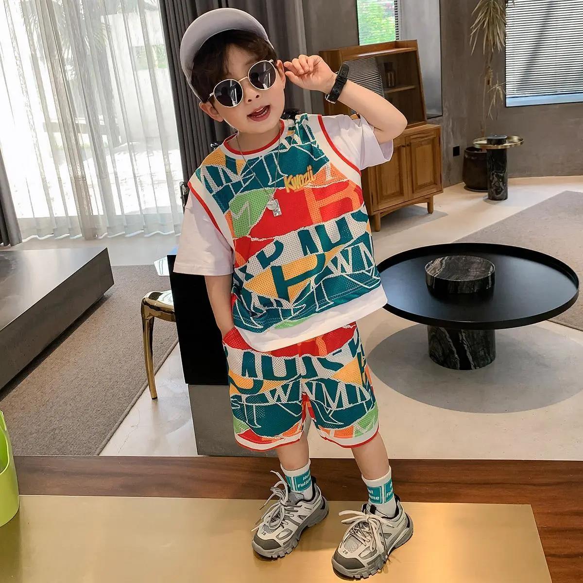 Kids Boys Clothes Boy Summer Clothing Sets Short Sleeves Print Tops Shirt+Flower Shorts Suits Children Clothing