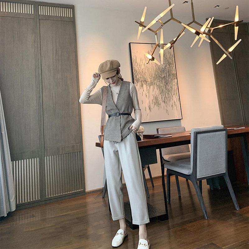Houndstooth Women's Vest Sleeveless Spring and Autumn Casual Coat Waistcoats with Belt