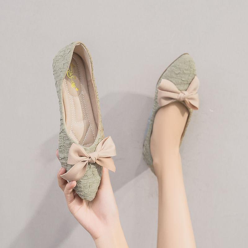 Pointed Single Shoes Women's All-match Flat Bow A Pedal Retro Leather Shoes Soft and Comfortable Non-slip Flat Leather Shoes