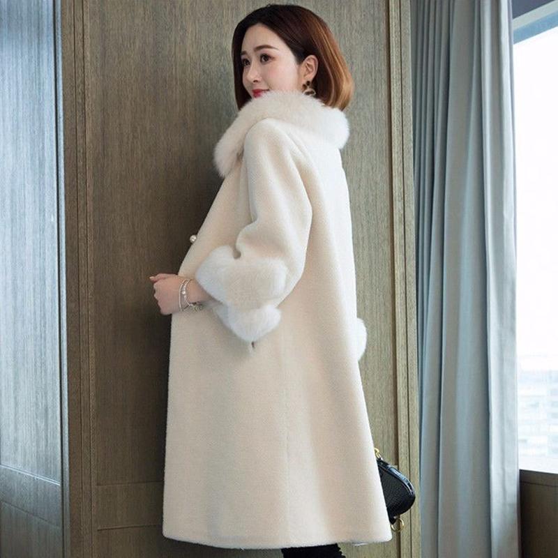 Autumn and Winter New Faux Sheep Shearling Coat Women Mid-length Faux Fox Fur Collar Loose Grain Fleece Faux Fur Coat