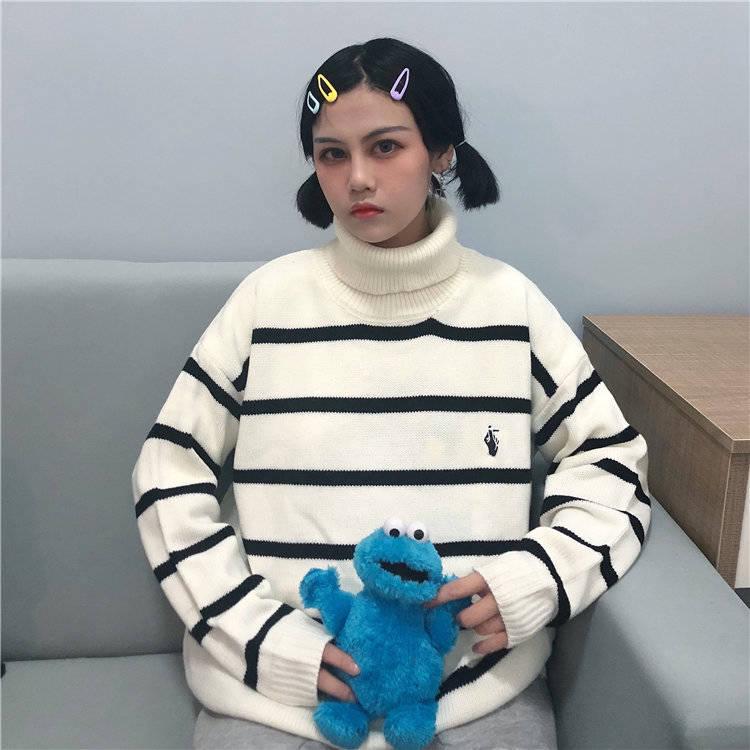 Pofulove Striped Embroidered Turtleneck Women's ulzzang Students Loose Contrast Color Sweater Coat